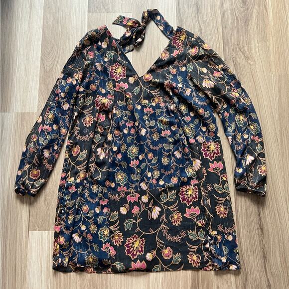 BCBGeneration Navy Blue/Black Metallic Floral Dress, Size Large, Mini Longsleeve - Picture 2 of 11